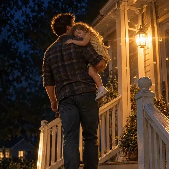 A father carries his sleeping little girl up the porch steps at night, the porch light on.