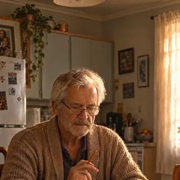 An older man smiles over his crossword at the kitchen table in the morning light, his phone quiet beside his coffee.
