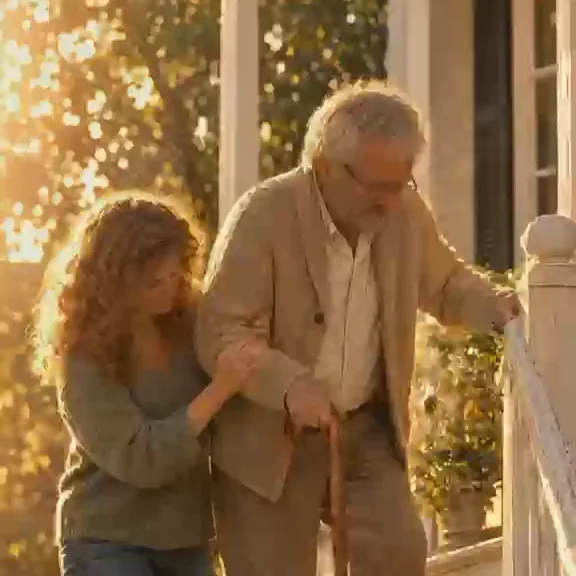 A daughter steadies her father by the arm as he walks down the porch steps with his cane in the late afternoon sun.