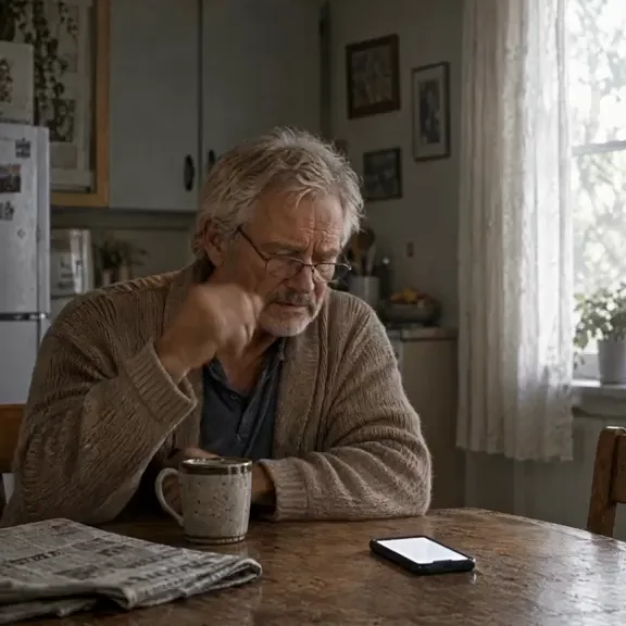 An older man sits alone at his kitchen table with a mug of coffee and the newspaper, his phone lying on the table beside him.