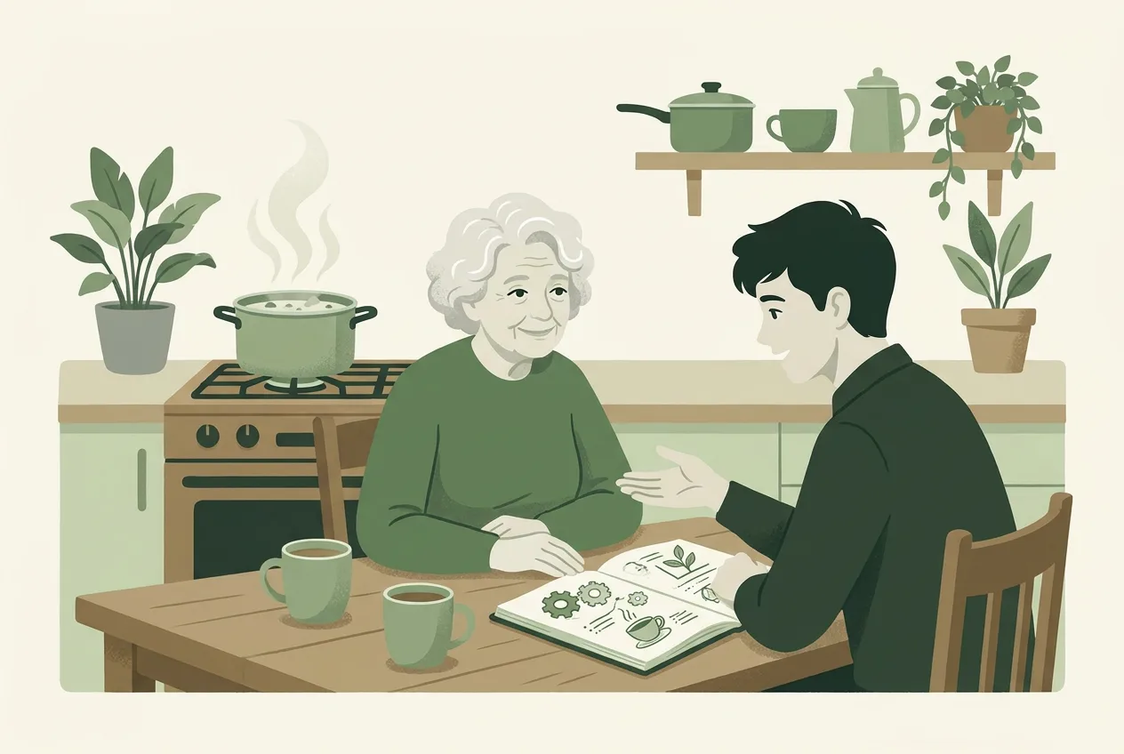 A grandmother listens to her teenage grandson explain a business idea at the kitchen table, soup simmering on the stove.