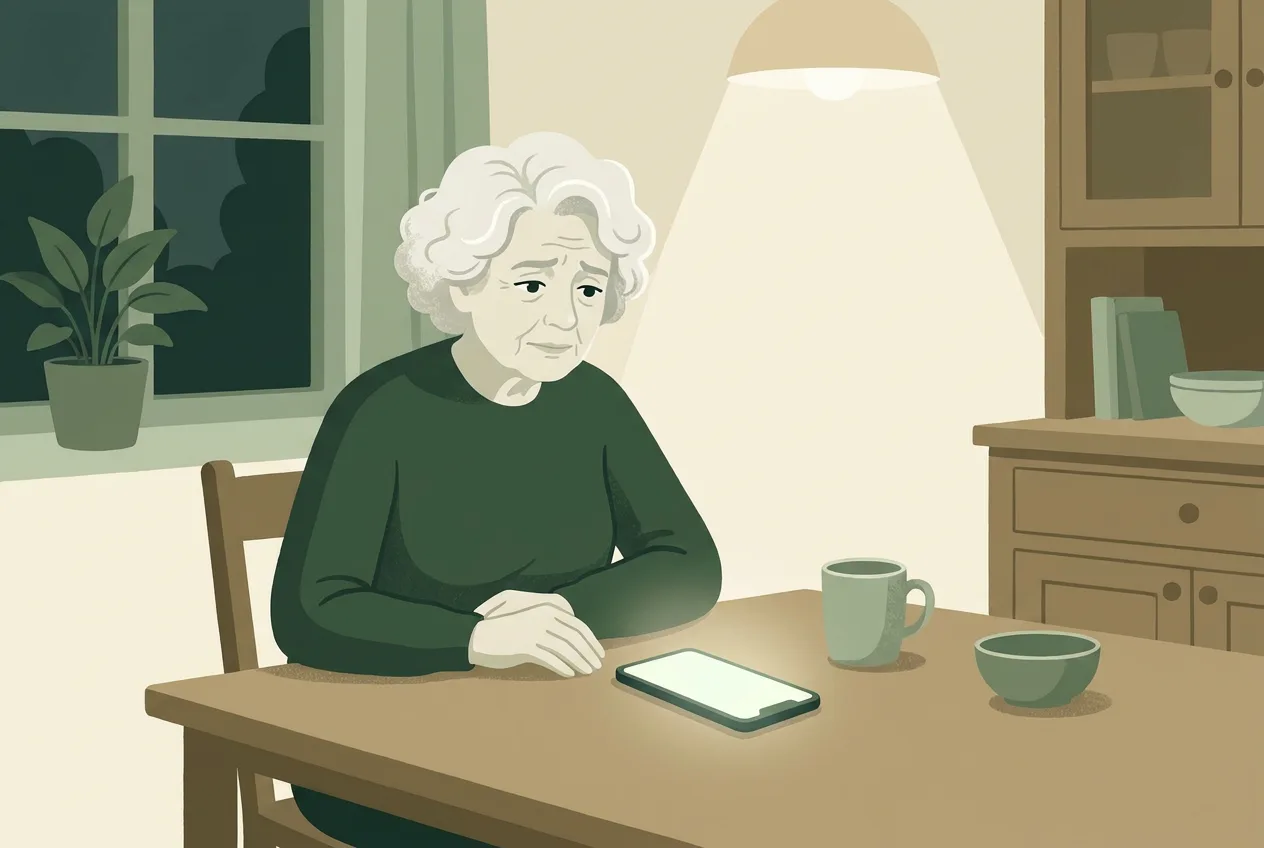 A grandmother sits alone at her kitchen table in the evening, looking uncertainly at her phone as an unknown call lights it up.