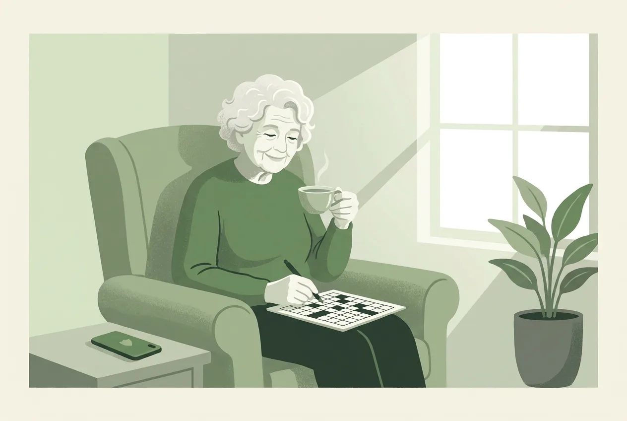 A grandmother relaxes in an armchair with tea and a crossword while her phone rests quietly face down beside her.