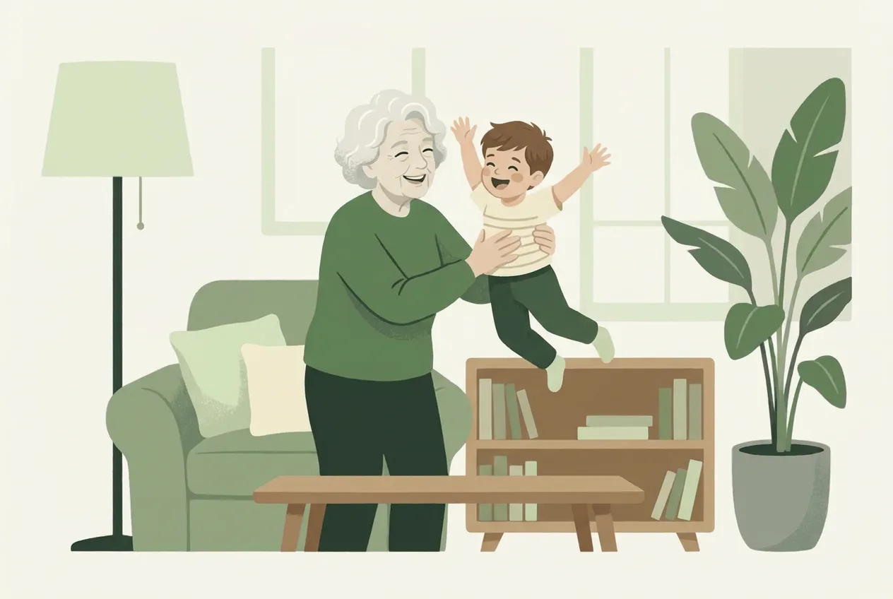 A grandmother catches her laughing three-year-old grandson as he leaps from a low bookshelf, just short of the coffee table.