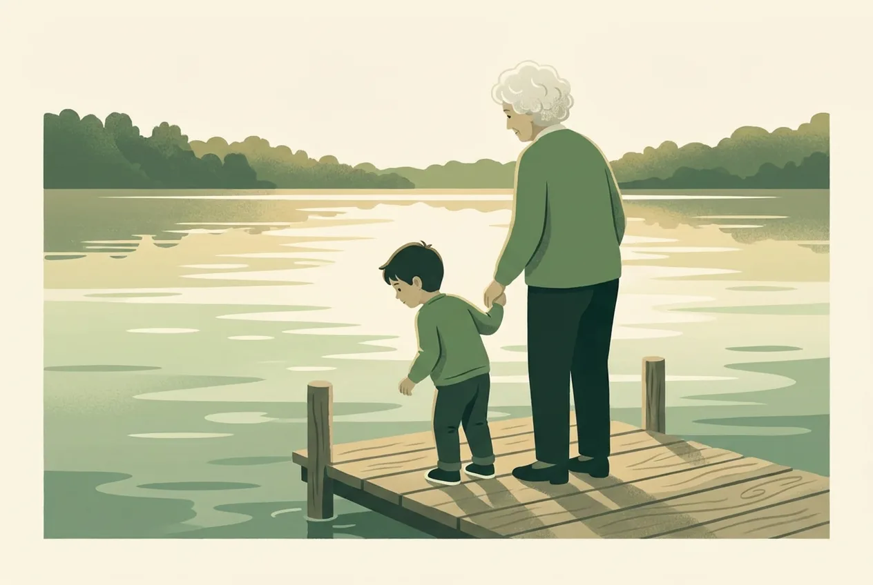 A grandmother holds a small boy's hand at the end of a wooden pier while he leans to look at the water.
